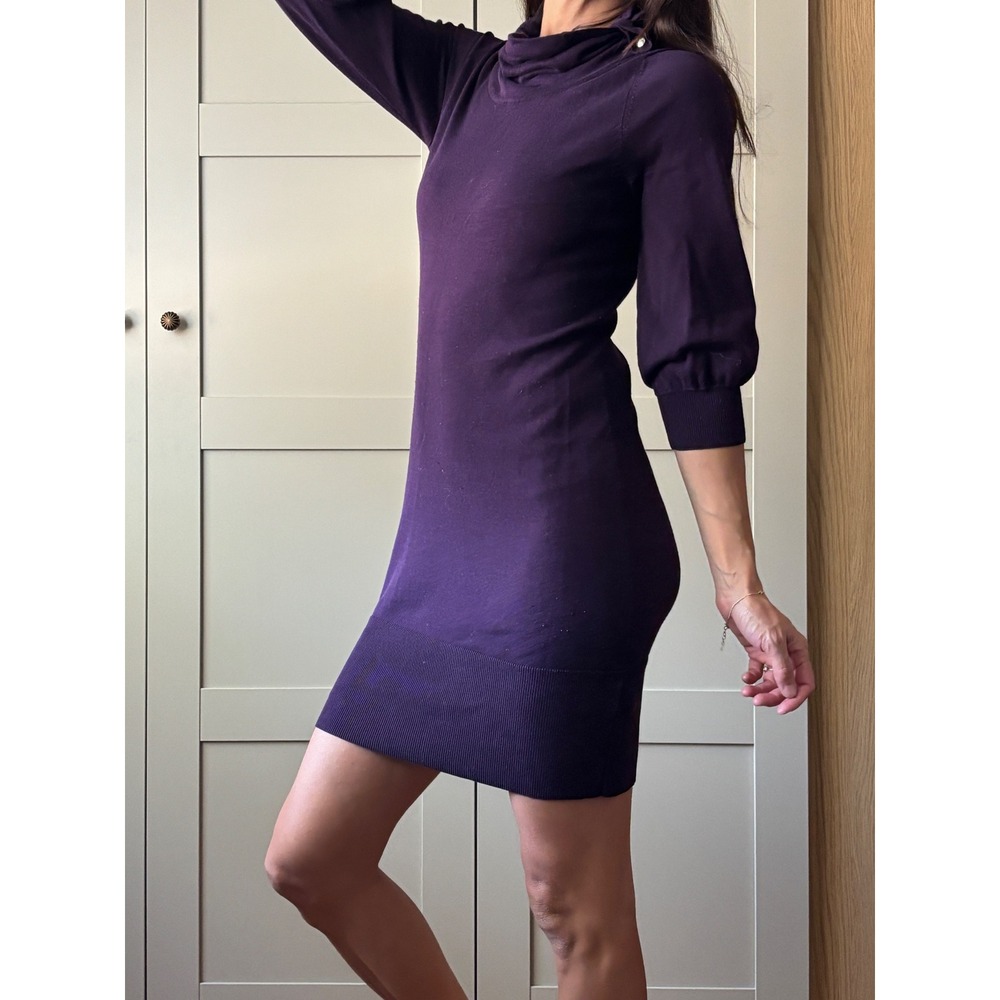 Banana Republic Deep Purple Cowl Neck Sweater Dress 3/4 Puff Sleeve XS